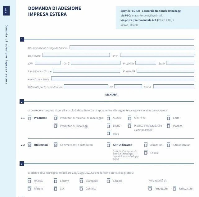 The first page of CONAI's Domanda di Adesione Impresa Estera, the membership application form for foreign companies